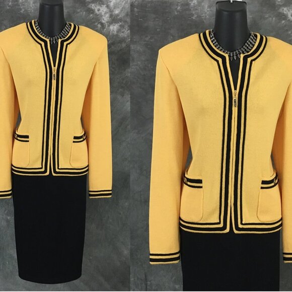 BEAUTIFUL St John collection knit yellow black jacket skirt suit size 8 10 - Picture 2 of 10